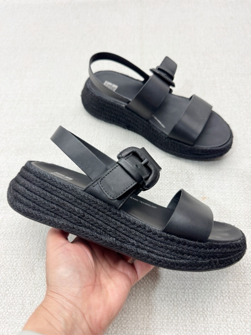 Fitflop F-Mode Espadrille Sandals Womens 6.5 Buckle Black Leather Flatform